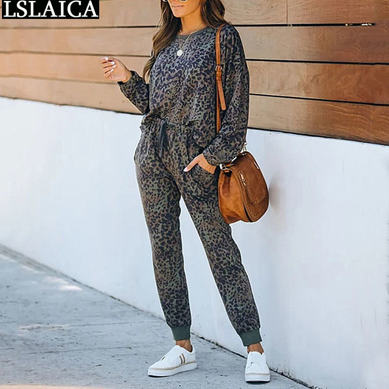 2 Piece Outfits for Women Drawstring Pants and Long Sleeve Top Fashion Leopard Print Plus Size Lounge Wear Casual Tracksuit 210515