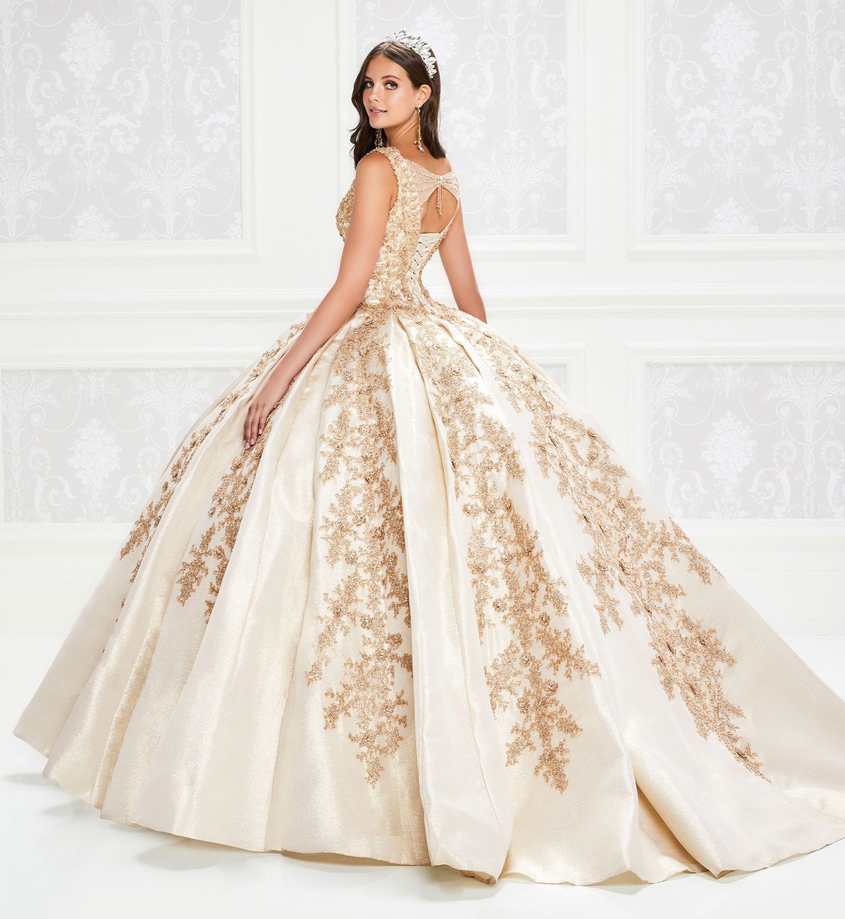 Champage Quinceanera Dresses Ball Gown V-Neck Floor-Length Satin Beaded Applique Wedding or Party Dresses