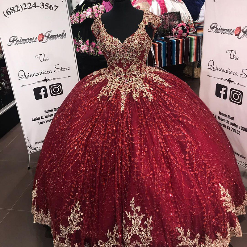 Luxury Shiny Burgundy Sequins Quinceanera Dresses With Gold Appliques Beads V-neck vestidos de 15 años Girls Cape Glitter Sweet 16 Dresses Prom Gradua