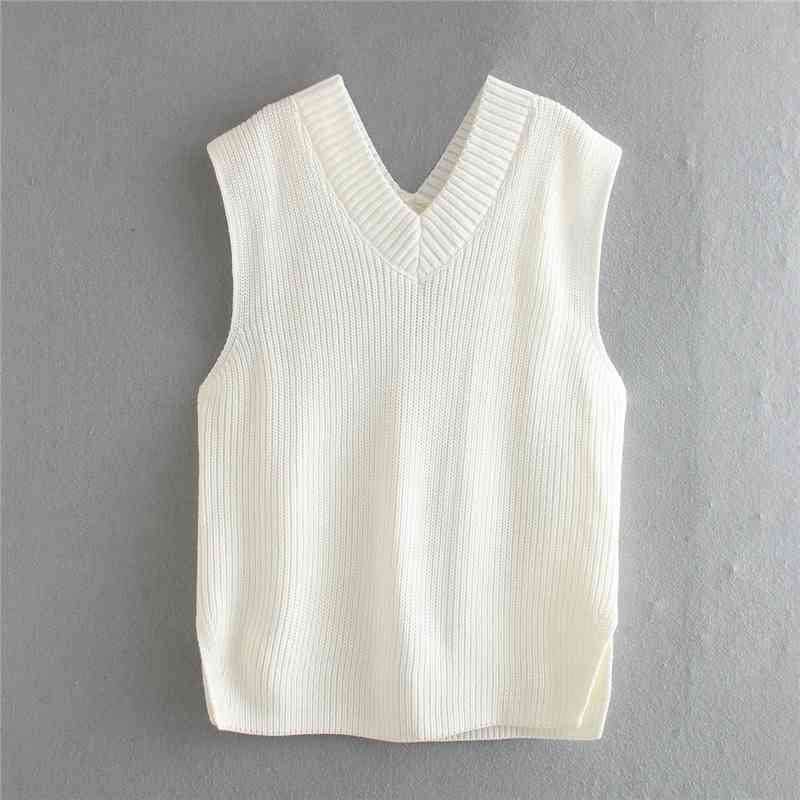 Streetwear Women V-Neck Sweaters Tanks Fashion Ladies Solid Knitted Short Vest Elegant Female Chic Long Loose Pullover 210430