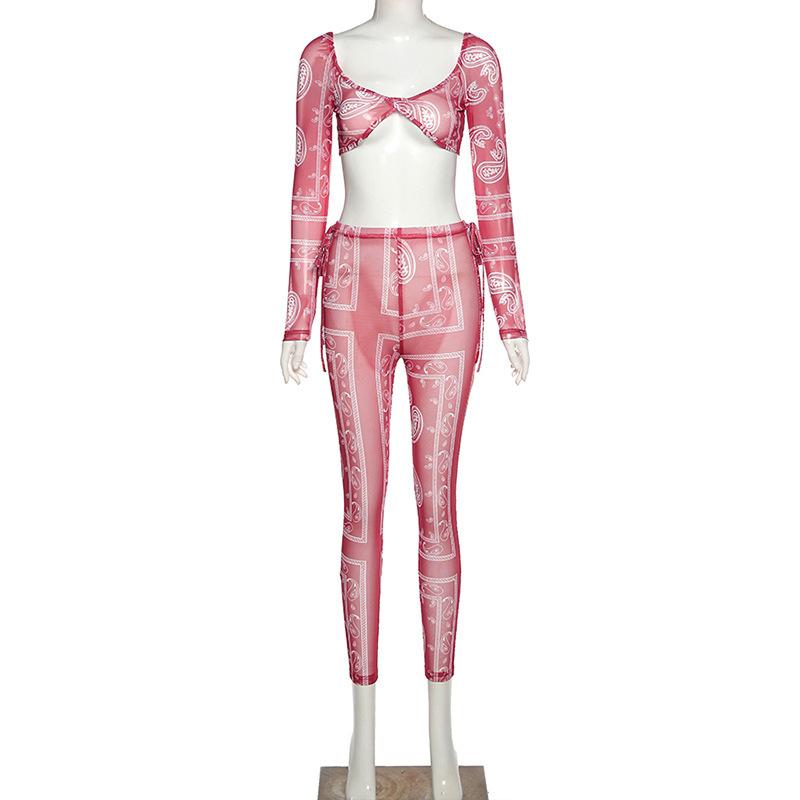 Bandana Print Sheer Mesh Two Piece Set Long Sleeve Crop Top Leggings 2pc Club Outfits For Women Matching Sets D87CZ16 Women0394951826