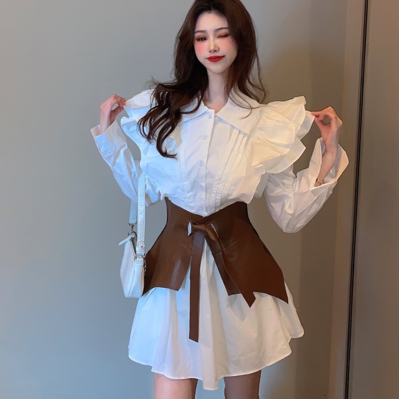 Fashion Korean Elagant Women Ruffles Long Sleeve Lady Shirt Party Dress Female Vestidos With Belt 210519