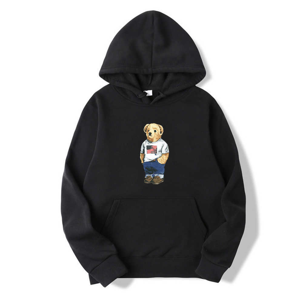 Hoodie Solid Color Printing Cute Bear Casual Loose Exercise Daily Trend Fashion Lovers Sweatshirt Top 210813