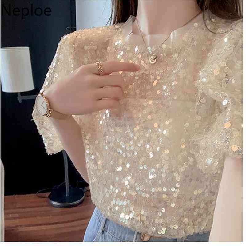 Neploe Summer Shirt Female Fashion Gauze Sequined Lantern Sleeve T Shirt Korean Loose Short Temperament Elegant Top Tees 210422