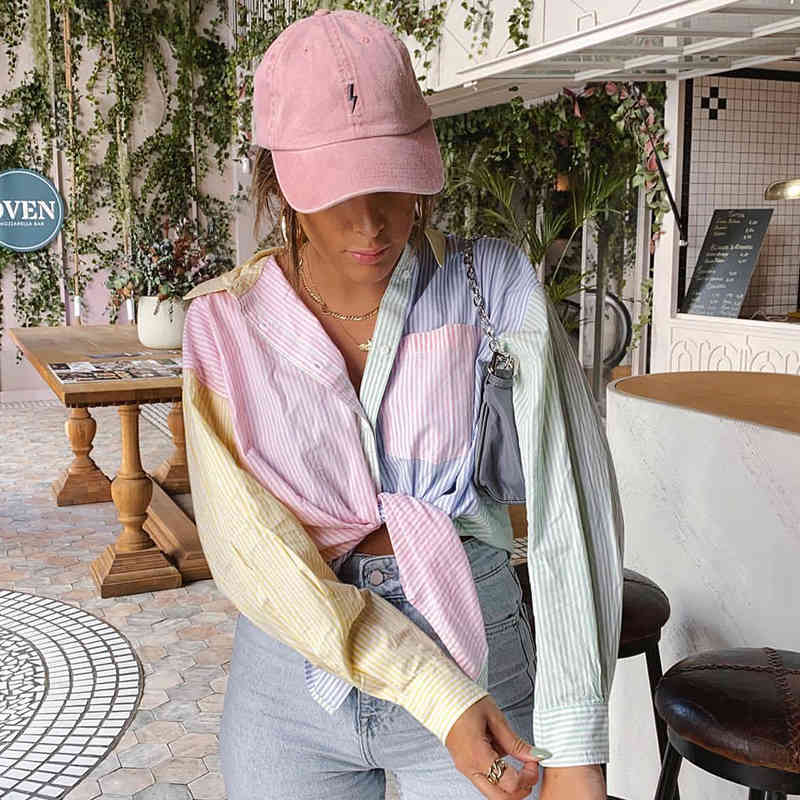 Patchwork Women Loose Colorful Button Shirts Summer Fashion Ladies Boho Boyfriend Shirt Vintage Girls Chic Tops 210430
