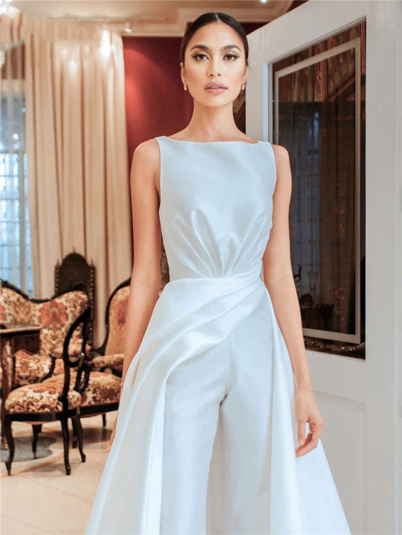Satin jumpsuit Wedding Dresses Bridal Gowns 2021 with Overskirt Bride Reception Beach Garden Women Pant Suits Vestido De Noiva