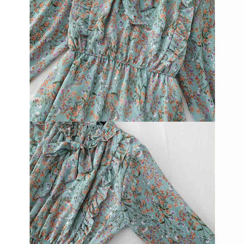 Women Elegant Long Dress Floral Print Bow Lotus Leaf Collar Lady Office Dress Vintage Long Sleeve Chiffon Dress Vestidos 210521