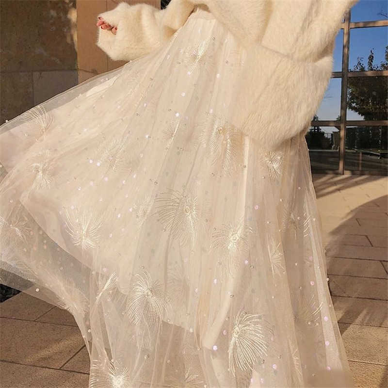 Elegant Embroidered Mesh Pearl Skirt Layers Tiered Tulle Women High Waist Long Maxi Pink White School Sun Lady 210619wtt