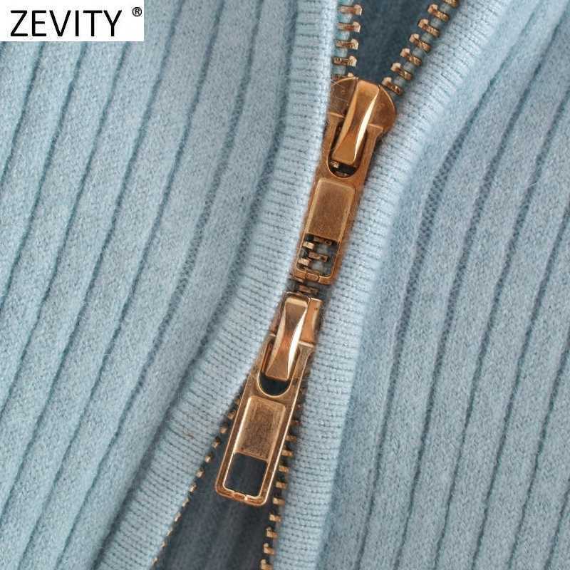 Zevity Women Fashion Solid Turn Down Collar Double Slider Zipper Knitting Sweater Femme Long Sleeve Chic Cardigan Coat Tops S486 210603