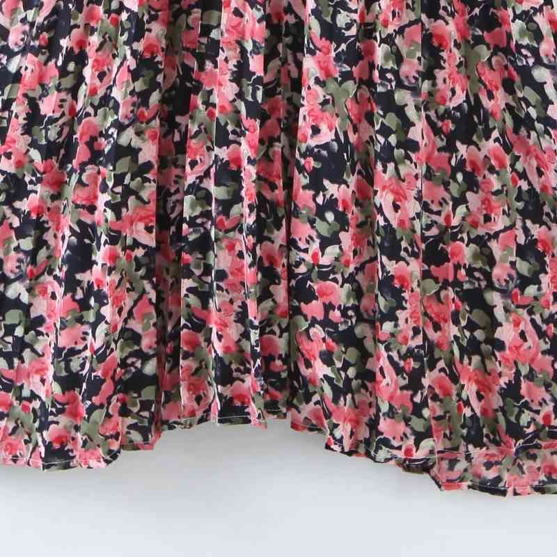 Summer Women Flower Printing Elastic Waist Midi Dress Female O Neck Three Quarter Sleeve Clothes Casual Lady Loose Vestido D7378 210430
