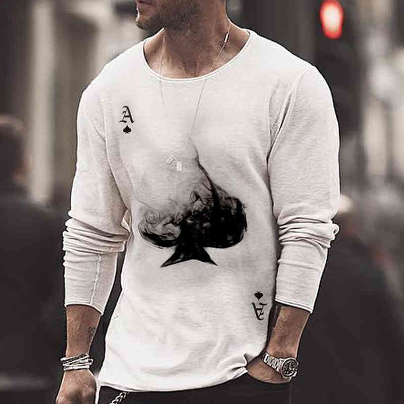 Summer Mens Clothing Long Sleeve T Shirt Men Black A Print Round Neck Shirts Casual Ace of Spades Slim Fit Tshirts Tops 210515