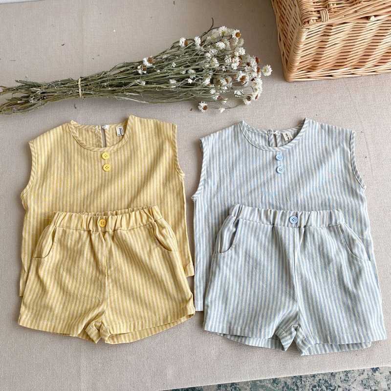 Korean style summer set boys and girls cotton loose striped sleeveless T shirts shorts 2pcs suit children outfits 210615