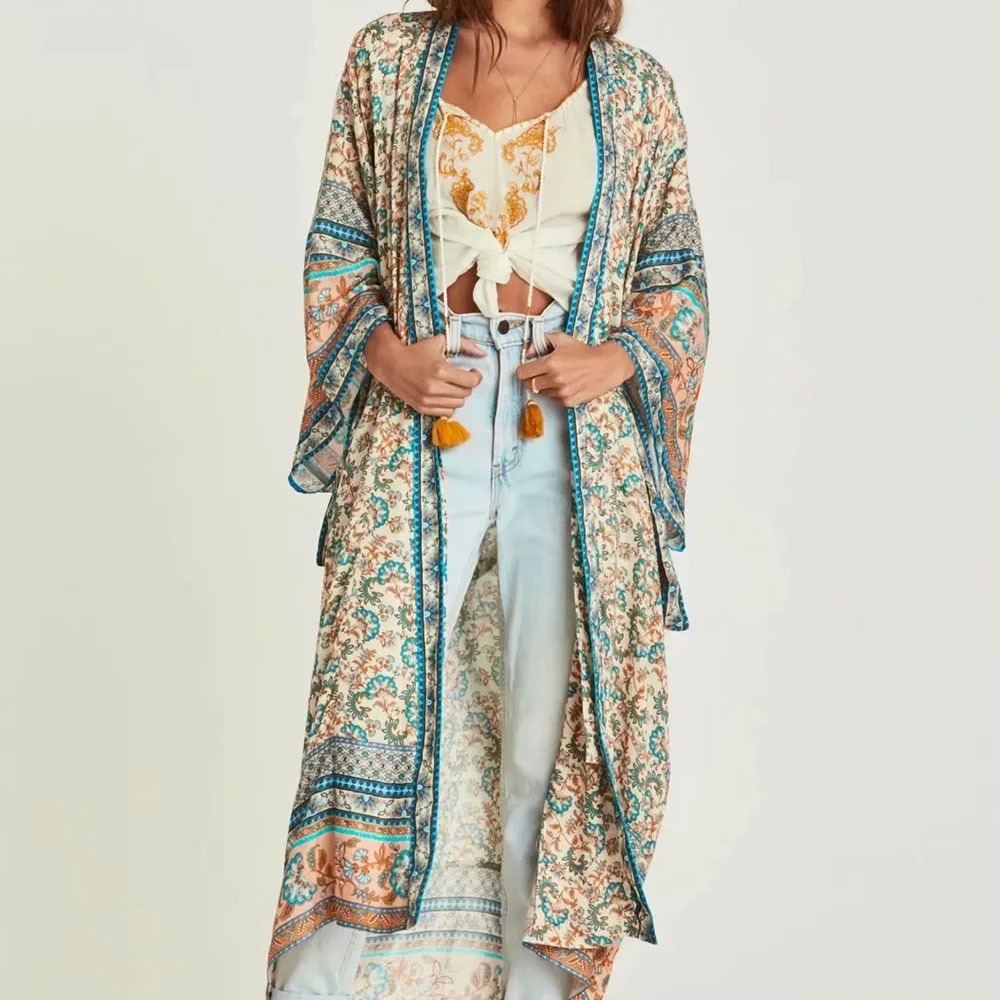 Women Bohemia Style Floral Print Cardigan Coat Female Frenulum Leisure Loose Long Beach Jacket 210520