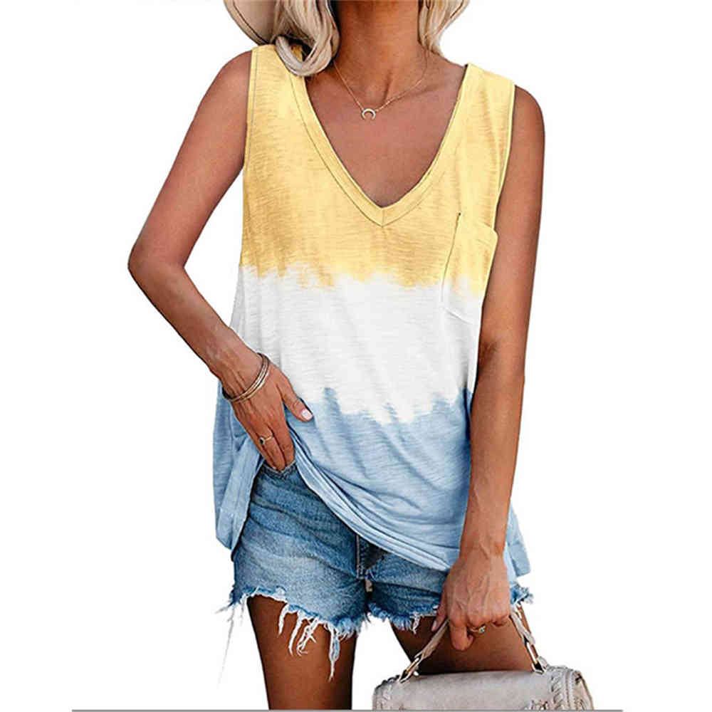 Summer Tie-dye Vest Women Casual V Neck Sleeveless Printed With Pocket Top Ladies Daily Loose Tank Tops Female Fashion Waistcoat 210522