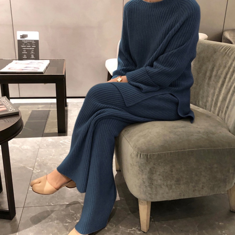 Women's Knitted Suits Winter Fashionable Pants Set Loose Thick Sweaters Wide Leg Trousers Two-piece 210506