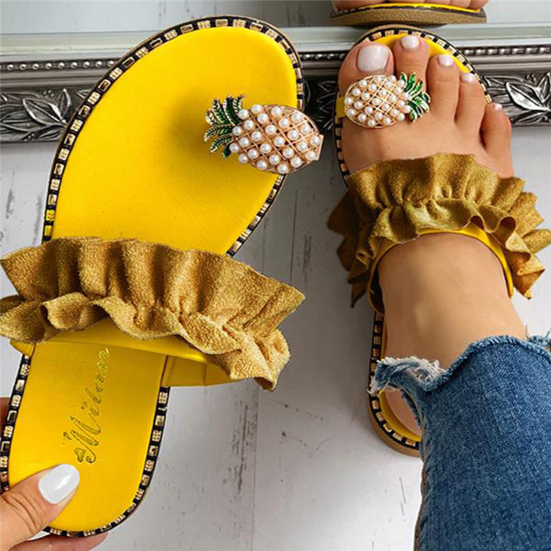 ner Women Slippers Pineapple Pearl Flat Bohemian Casual Beach Sandals Ladies Shoes Black 220226
