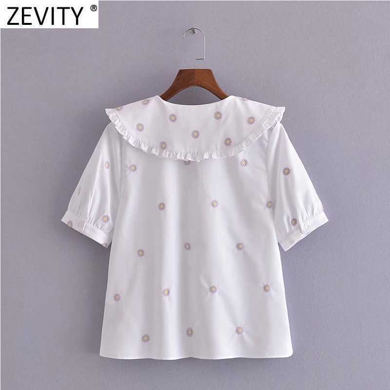 Zevity Women Sweet Floral Embroidery Casual Smock Blouse Female Short Sleeve Pleat Ruffles Shirts Chic White Chemise Tops LS9258 210603
