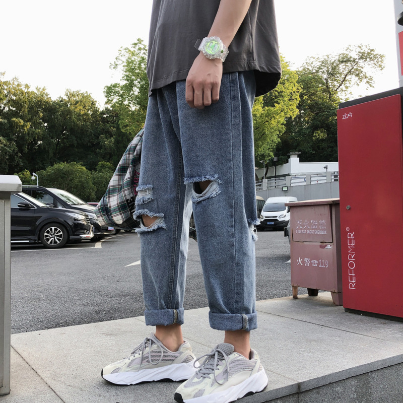 IEFB / men's wear korean trendy casual denim Pants spring hole blue Jeans Loose Directly ankel-length trousers 9Y1273 210524
