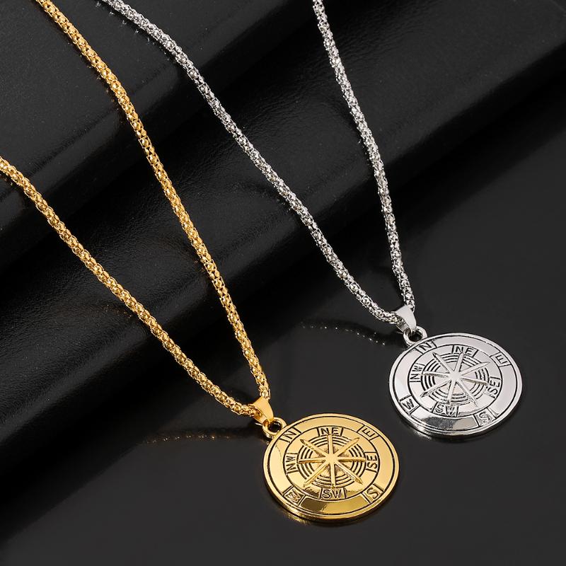 Pendant Necklaces Antique Gold Silver Color Compass Necklace Men Hip-Hop Rock Street Culture Chain Punk Fashion Jewlery Gift