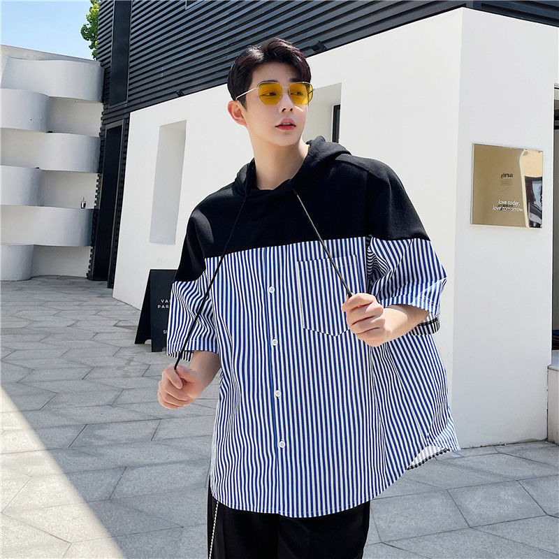 IEFB Korean Fashion Patchwork Sweatshirts Style Short Sleeve Pullovers Shirts Summer Blue Striped Oversized Tops 9Y7228 210524
