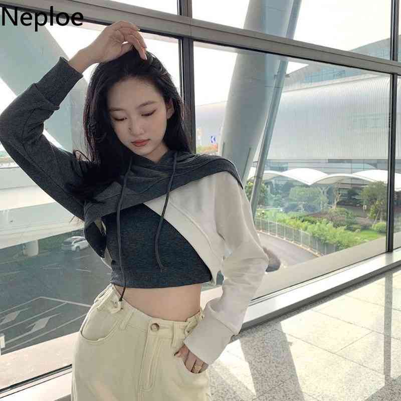 Neploe Harajuku Sweatshirt Women Korean Streetwear Hoodies Ladies Cross Crop Tops Contrast Color Patchwork Hooded Hoodie 210422
