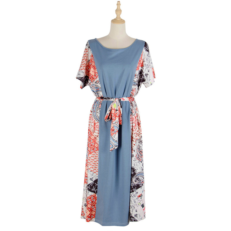 Round Neck Color Block Print Loose Dresses Summer Women Short Sleeved Knee Length Casual Dress Ladies with Belt 210510