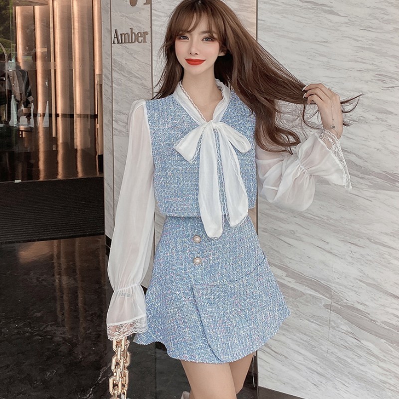 Spring Women 2 Pieces Set Sweet Bow Tie Tweed patchwork Chiffon Flare Long Sleeve Crop Tops + A-line Mini Skirt Suit 210519