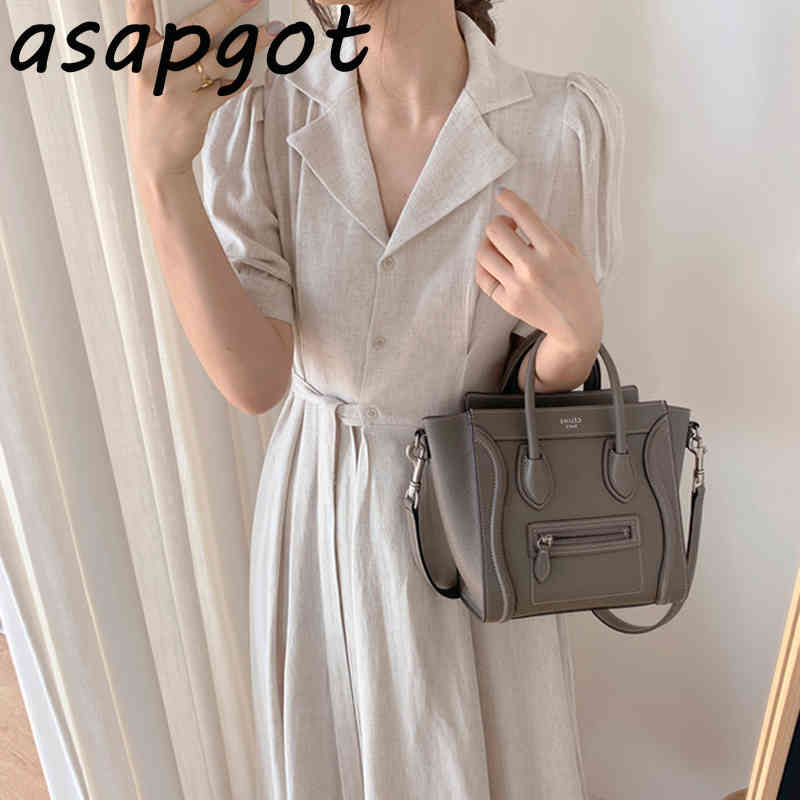 Minimalist Elegant Temperament Chic Korean Slim Lapel Three Button Side Bandage Waist Dress Lady Puff Short Sleeve Solid Summer 210429
