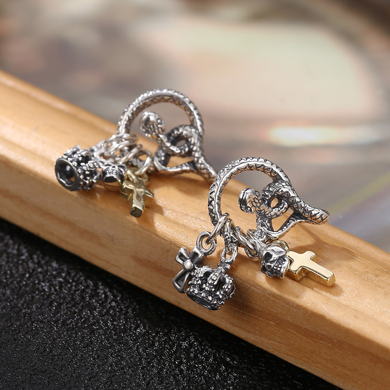 925 sterling silver snake stud earrings handmade cross crown skeleton charms American European punk Gothic designer vintage luxury fine jewelry ear ac