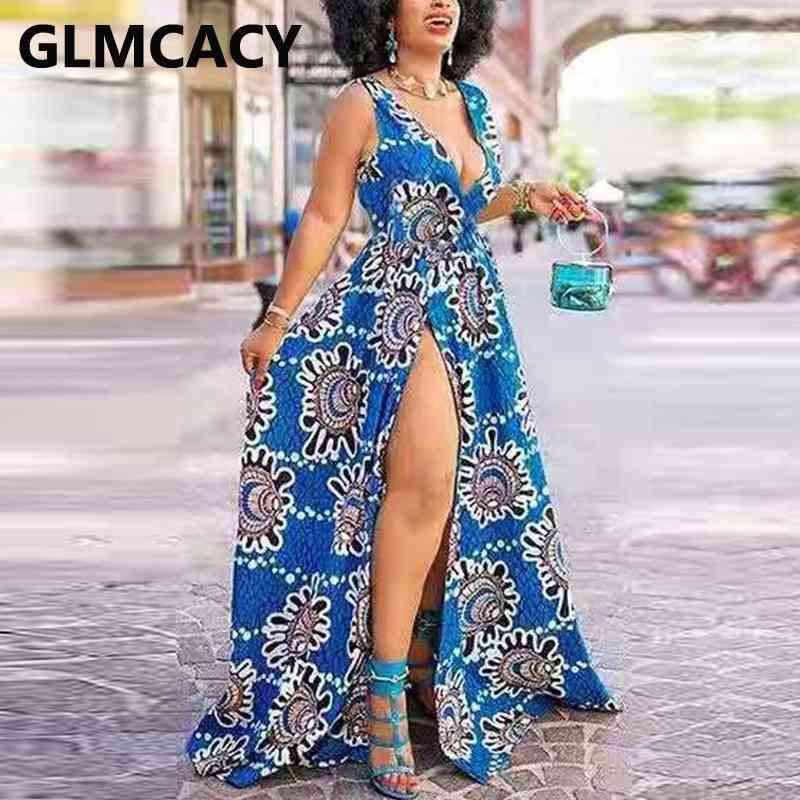 Women Retro Printed Sleeveless Plunge V-neck Maxi Dress 210702