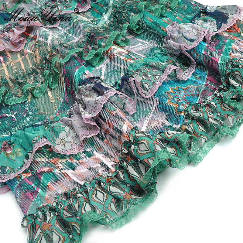 Fashion Cotton dress Autumn Women's Dress Flare Sleeve Print Lurex Mesh Pearl Beaded Cascading Ruffle Elegant Dresses 210524