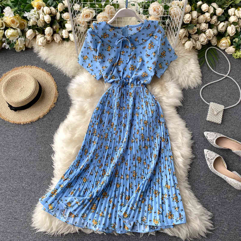 Floral A-line Chiffon Vestidos High Waist Pleated Korean Fashion Summer Dress Dresses Women 210521