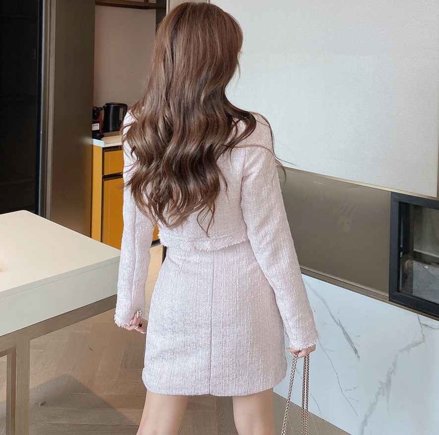 Autumn Winter Two Piece Set Elegant Skirt Suit Fashion Tweed Long Sleeve Crop Top + Bodycon Mini Outfits 210519