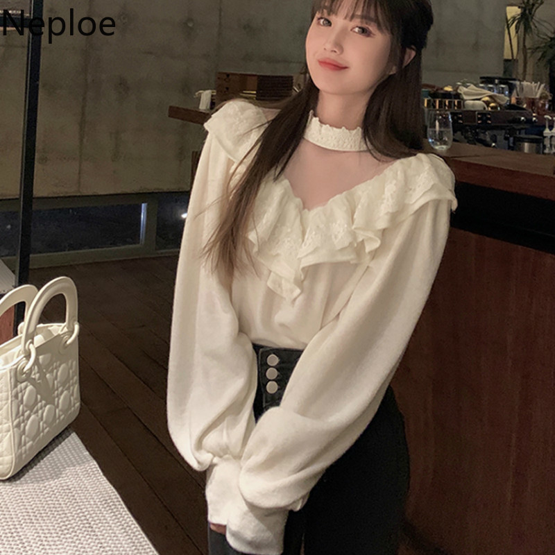 Neploe Sweet Ruffles Sweaters Women Sexy V-neck Lantern Sleeve Knitted Pullovers Korean Fashion Jumper Tops Sueter Mujer 4G521 210422