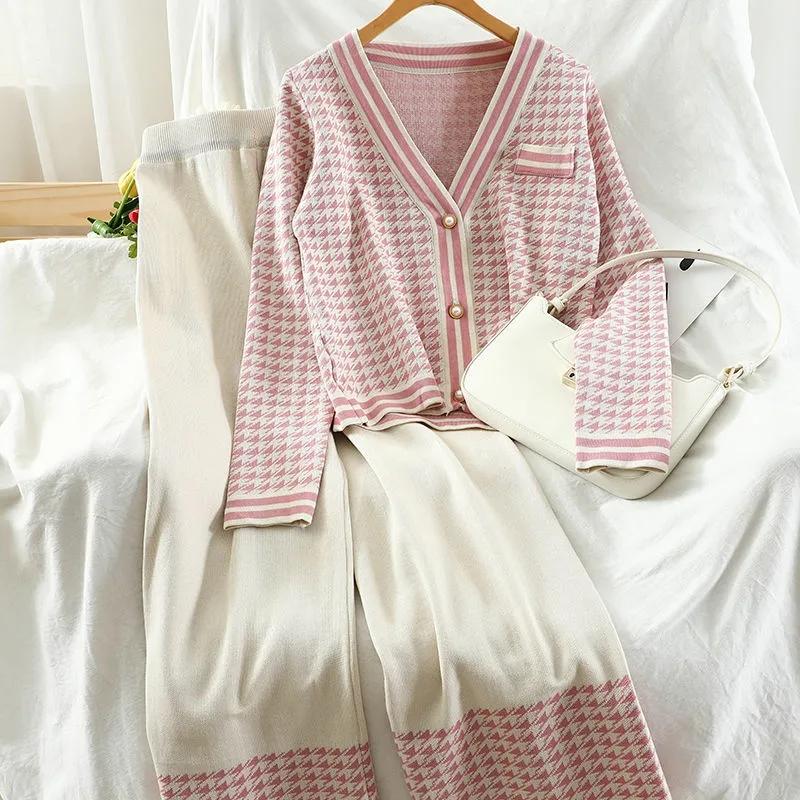 Korean Chic Houndstooth Knit Suit Women Fashion Loose Knitted Cardigan Tops + Spliced Wide-Leg Pants Two Piece Set Casual Outfit Women's Tra