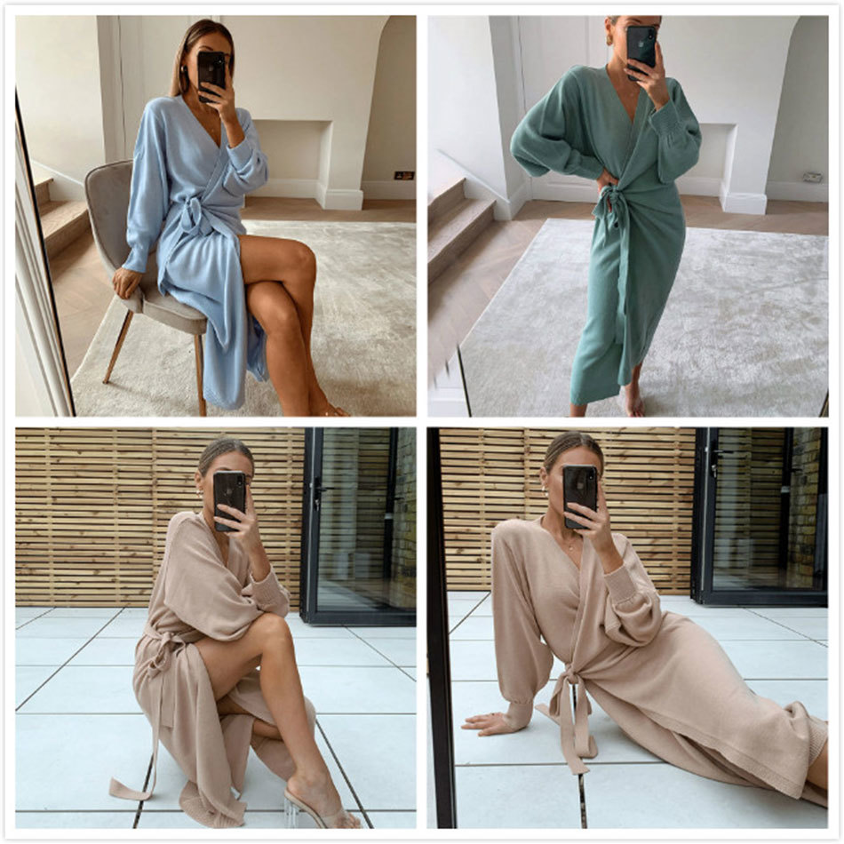 Free Autumn Women Lace-Up Sweater Knit Dress Sexy V-neck Lantern Sleeve Home Split Mdi Vestidos 210524