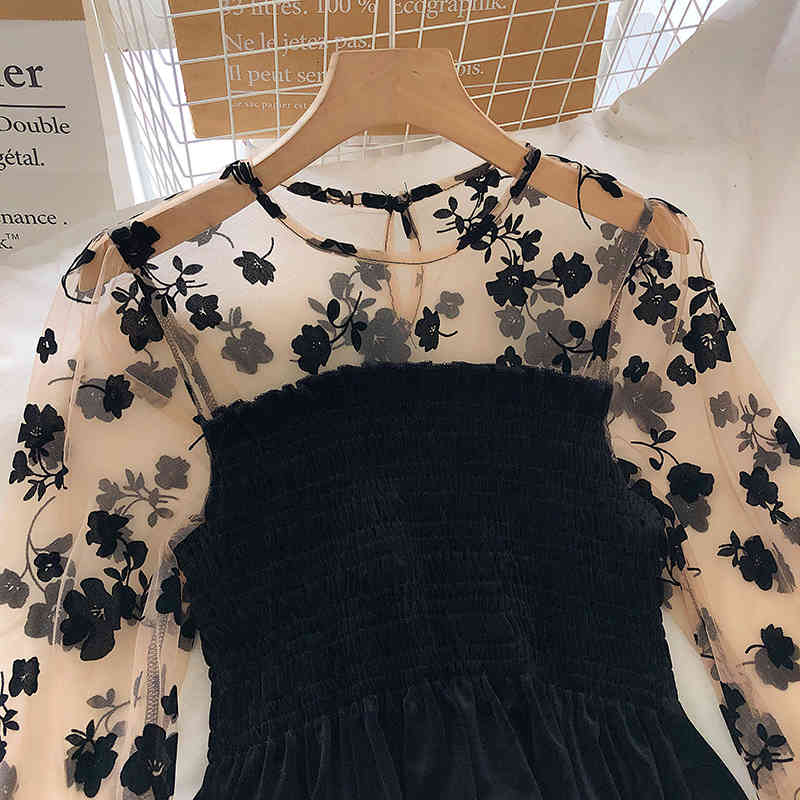 Spring Autumn Velvet Blouse Women Mesh Floral Sleeve Patchwork Tops Female OL Casual Blouses Korean Elegant Blusas 210519