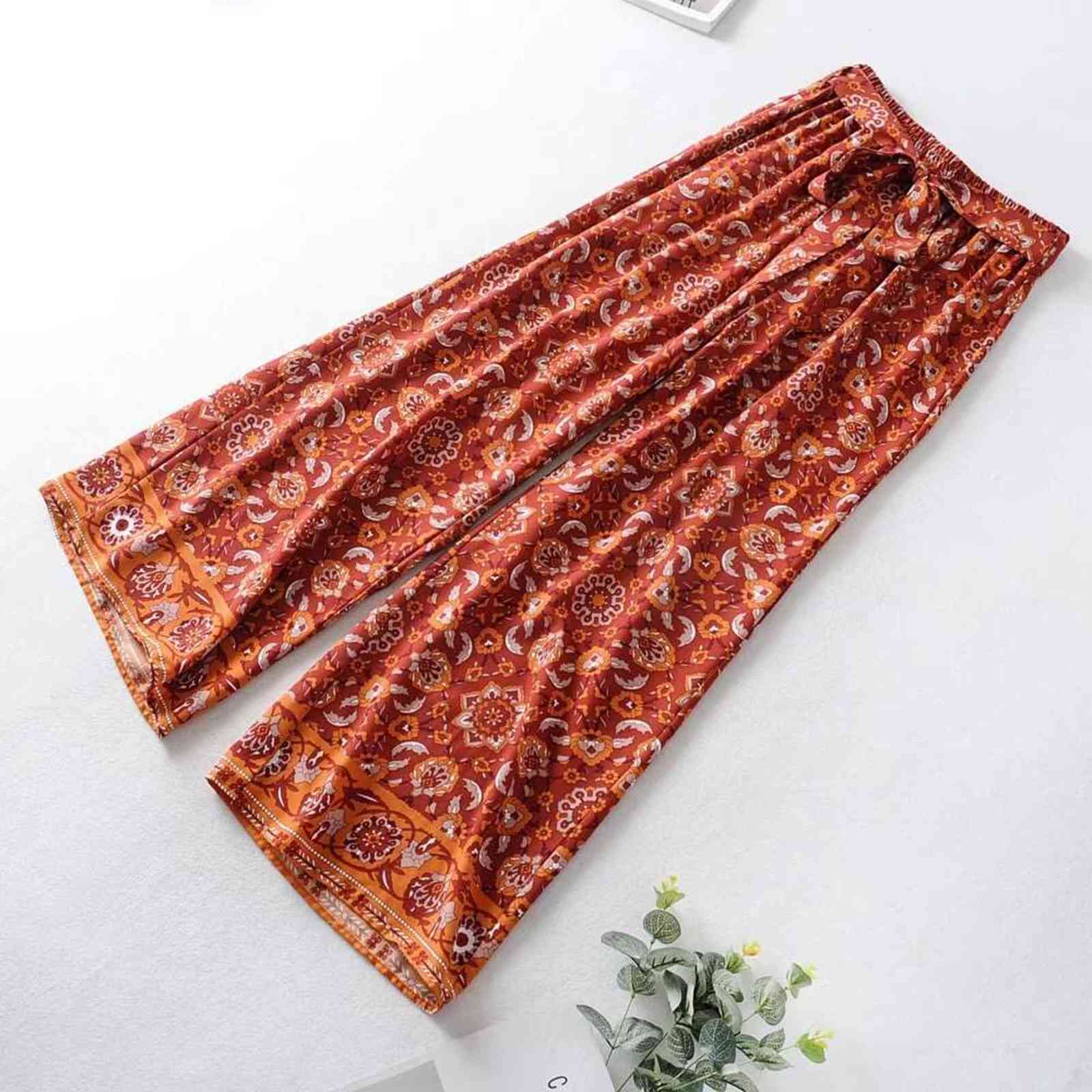 Bohemian Orange Totem Flower print Wide Leg Pants Ethnic Woman Holiday Elastic Waist Bow Full length Trousers Femme Casual 211115