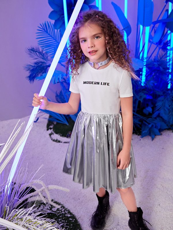 Girls Slogan Graphic Metallic Dress SHE