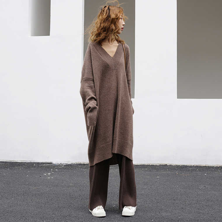 SHIJIA autumn Long sweater female V-neck oversized Loose brown knitted jumper woman pullovers femme winter streetwear tops 210918