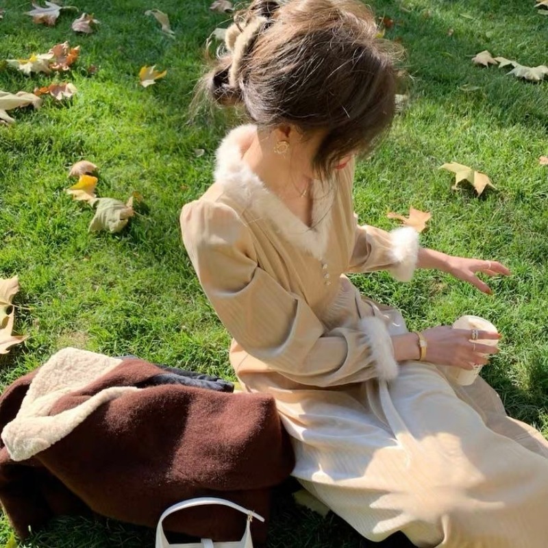 Fur Neck Elegant Vintage Dress Women Long Sleeve French Office Lady Midi Dress Female Spring Fashionone Piece Dress Korean 210521