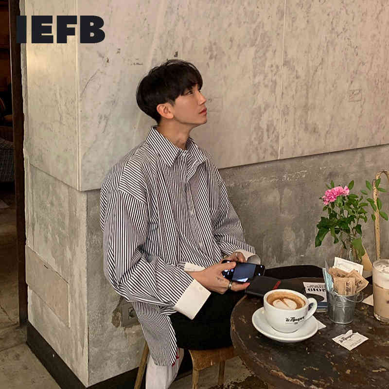 IEFB Spring Patchwork Cuff Striped Long Sleeve Shirt Men's Korean Fashion Cool Casual Loose Trend Tops Single Breast 9Y5540 210524