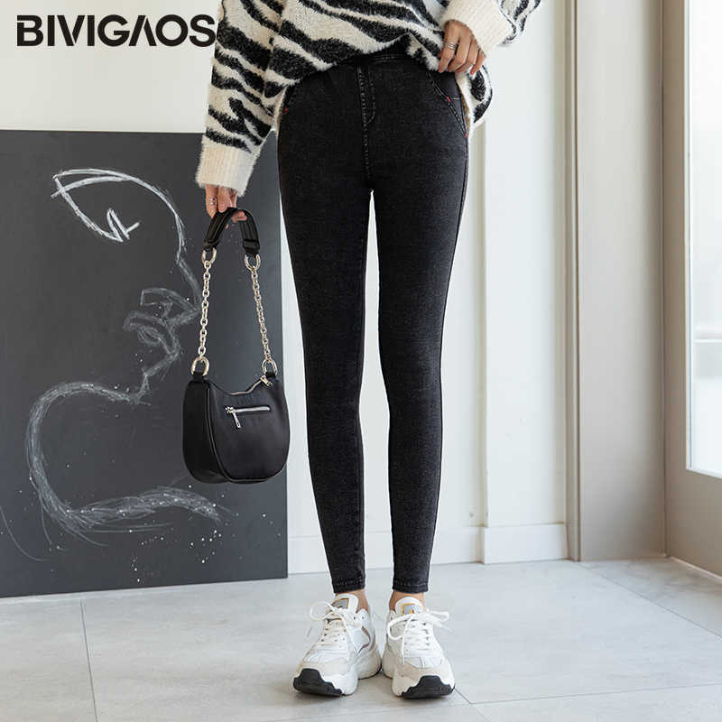 BIVIGAOS Women Jeans Pencil Pants Sand Washed Stretch Leggings Korean Pocket Red Line Magic Black Gray Jeggings 210922
