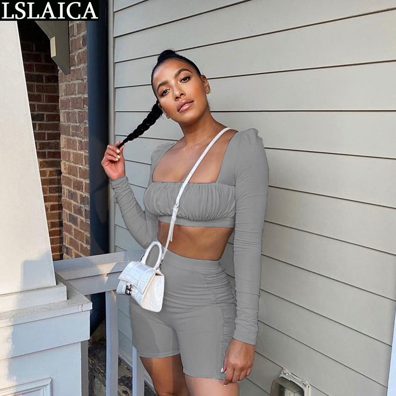Solid Color Draped Short Sets For Women Slim Casual Streetwear 2 Piece Set Femme Sport Croptop&Short Pants Clothing 210520