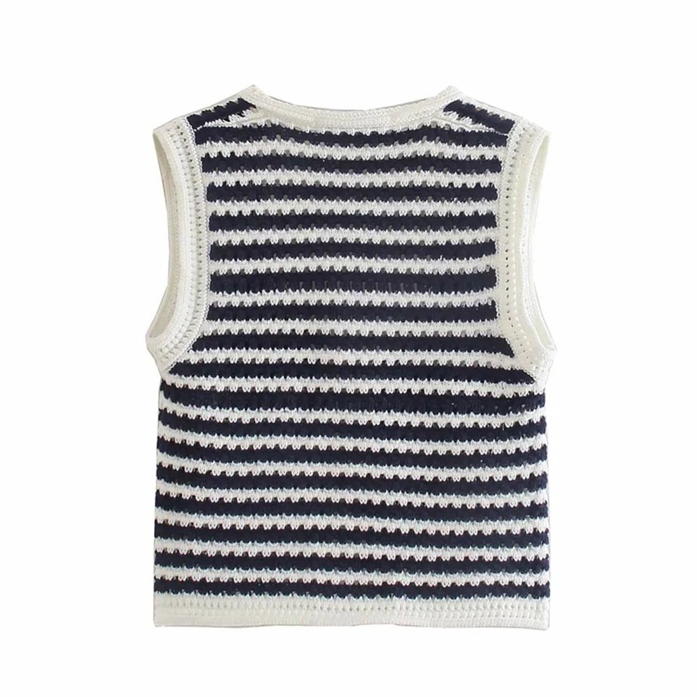 BBWM Women Sweater Vest White Navy Striped Knitted Vest Female Summer Cropped V-Neck Waistcoat Tops 210520