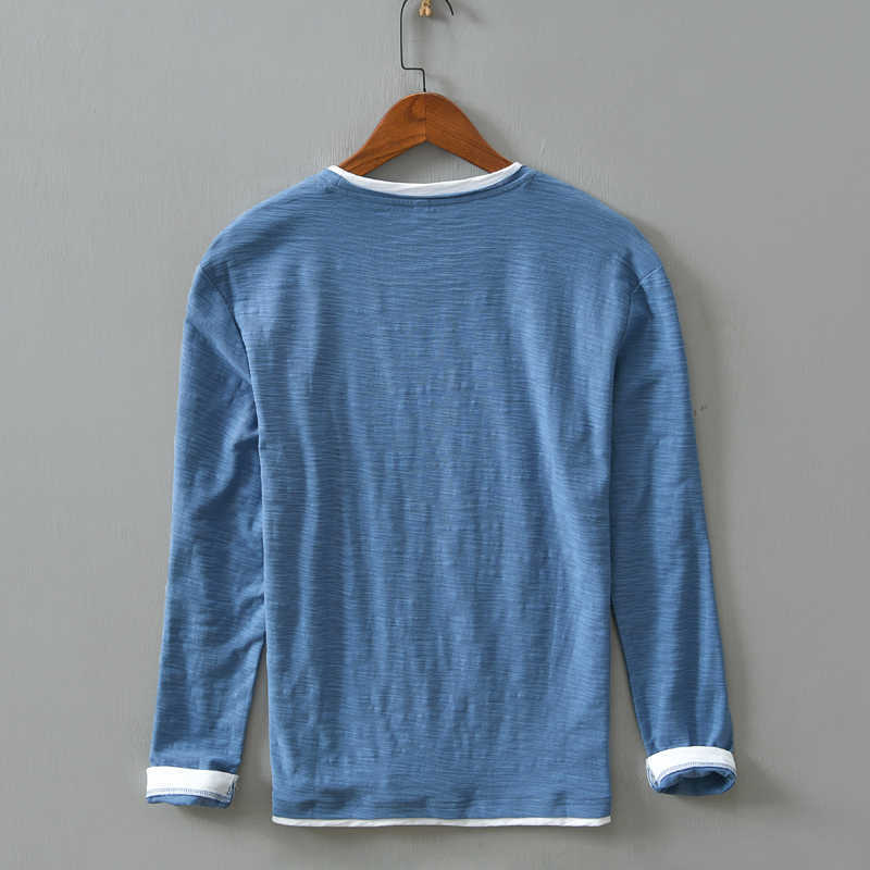 Long Sleeve T-Shirts For Men O-Neck 100%Pure Cotton Tops & Tees Male Casual Wild Patchwork Men's Clothing 210601