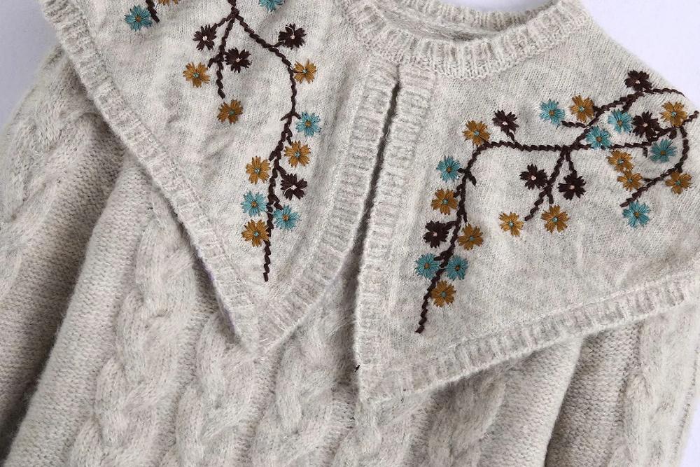 Women O Neck Flower Embroidery Shawl Knitting Short Sweater Female Long Sleeve Pullover Casual Lady Loose Tops SW1073 210430