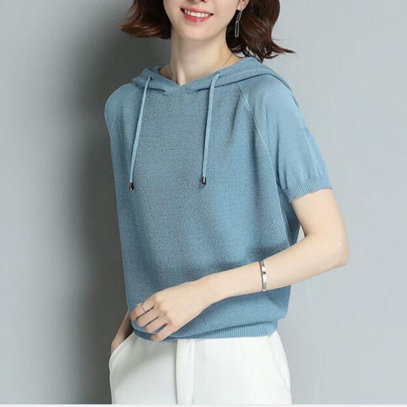 Summer Loose Hooded Knitted Tshirt Ladies Short Sleeve Top Tees Women Pure Color Casual Fashion Thin Pullover Jumpers 210525, Black
Summer Loose Hooded Knitted Tshirt Ladies Short Sleeve Top Tees Women Pure Color Casual Fashion Thin Pullover Jumpers 210525, Black