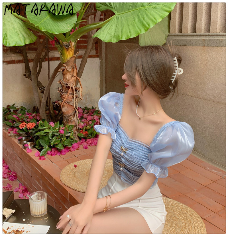 Crop Top Women Summer Sexy Blue Lace Bow Blouse Square Collar Shirt Women Short Sleeve Blusas Mujer De Moda Elegantes 210513