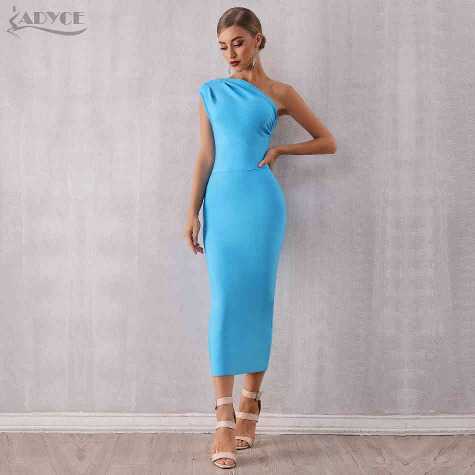 Fashion Elegant Women One Shoulder Bandage Dress Sexy Sleeveless Bodycon Sky Blue Celebrity Evening Party Dresses 210423